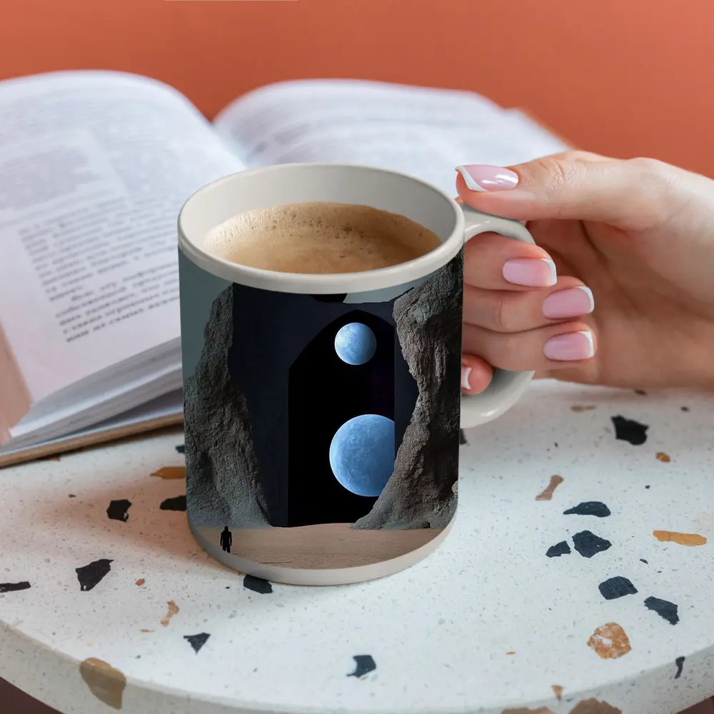 Lone Figure Desert Portal Two Moons Surreal – Mugs