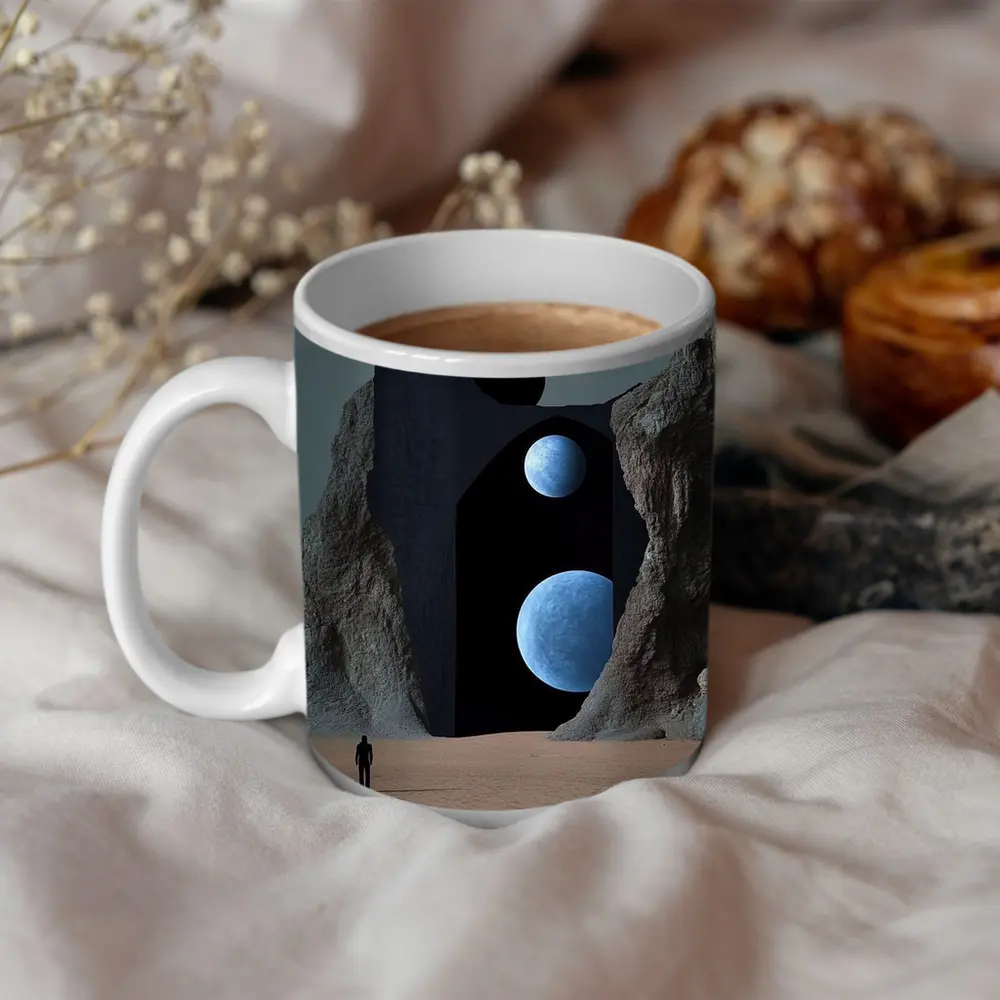 Lone Figure Desert Portal Two Moons Surreal – Mugs
