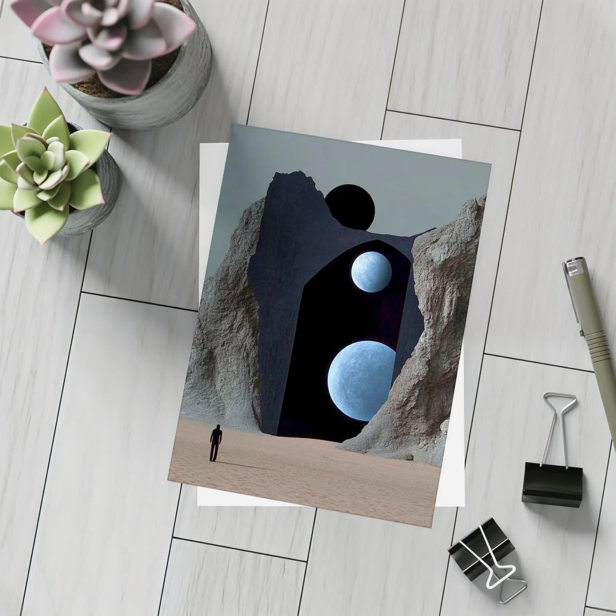 Lone Figure Desert Portal Two Moons Surreal – Postcards