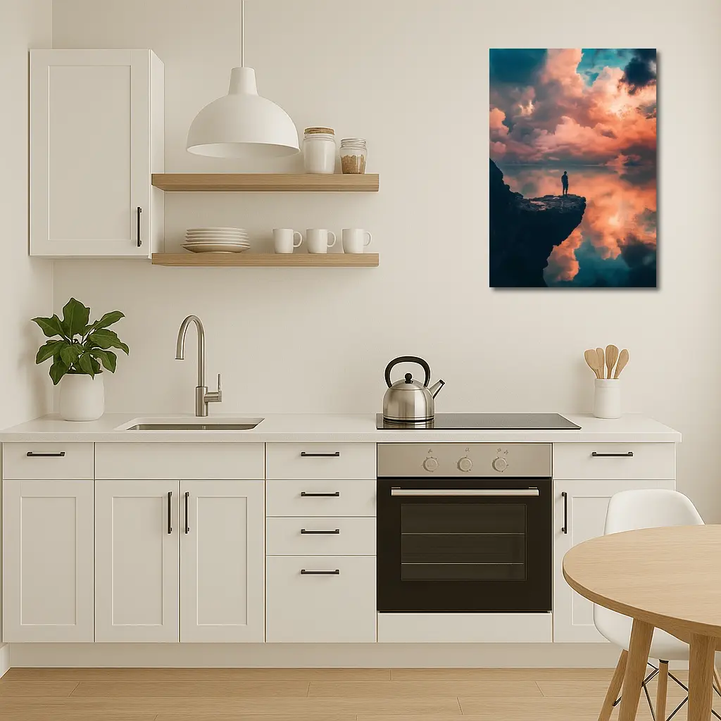 Lone Figure Standing on Cliff Sunset Sky – Wall Art