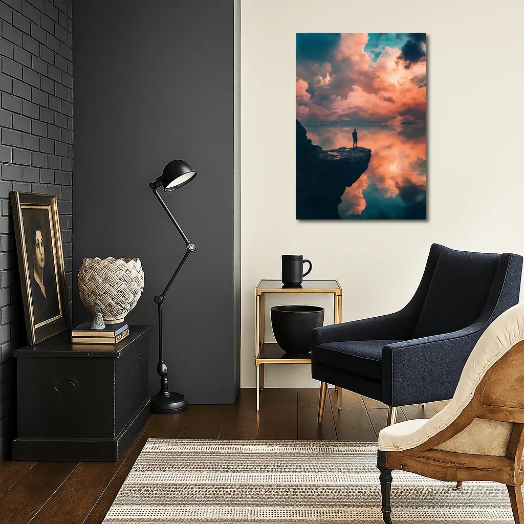 Lone Figure Standing on Cliff Sunset Sky – Wall Art
