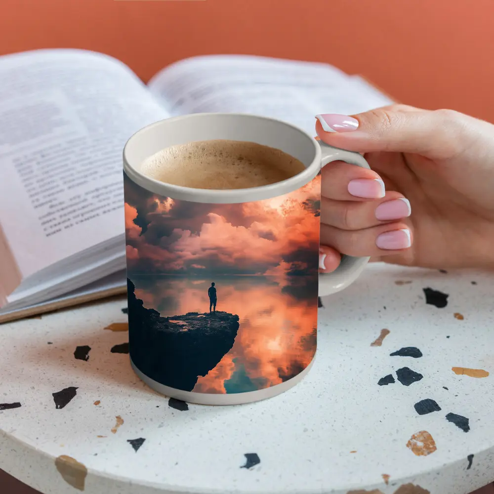 Lone Figure Standing on Cliff Sunset Sky – Mugs
