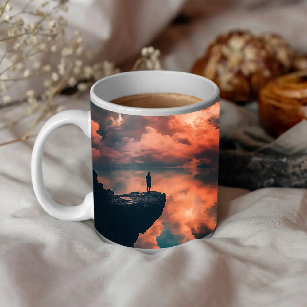 Lone Figure Standing on Cliff Sunset Sky – Mugs