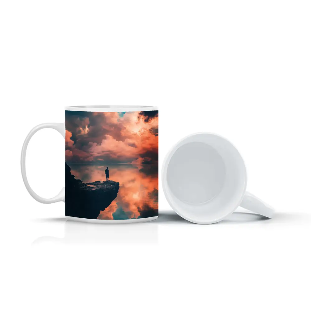 Lone Figure Standing on Cliff Sunset Sky – Mugs