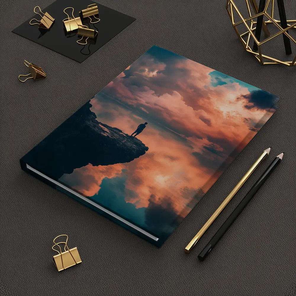 Lone Figure Standing on Cliff Sunset Sky – Notebooks