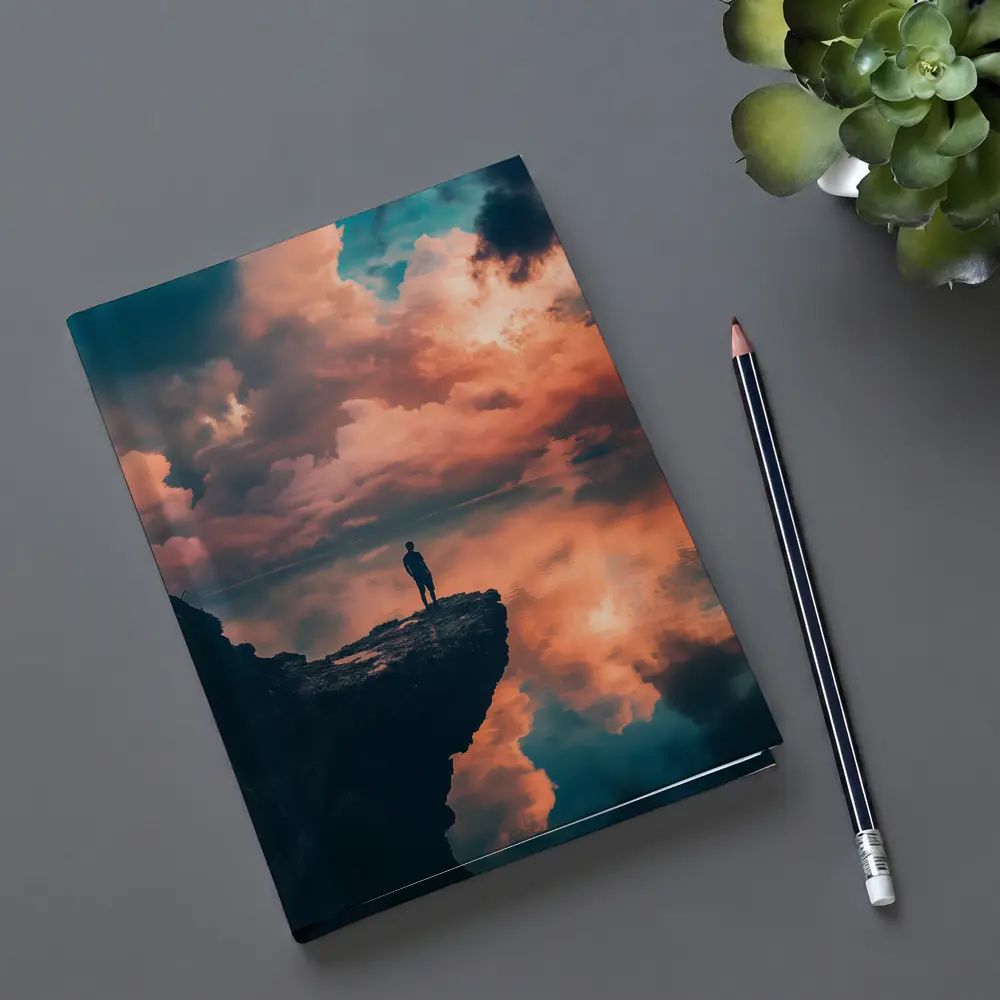 Lone Figure Standing on Cliff Sunset Sky – Notebooks