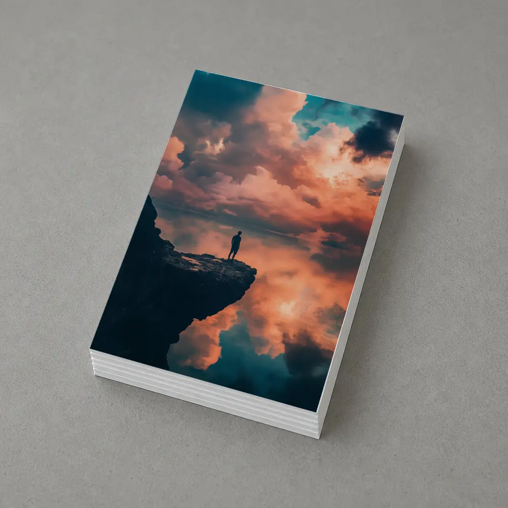 Lone Figure Standing on Cliff Sunset Sky – Postcards