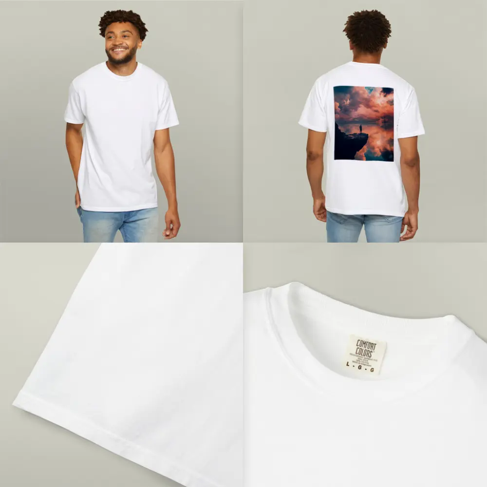 Lone Figure Standing on Cliff Sunset Sky – T-Shirts
