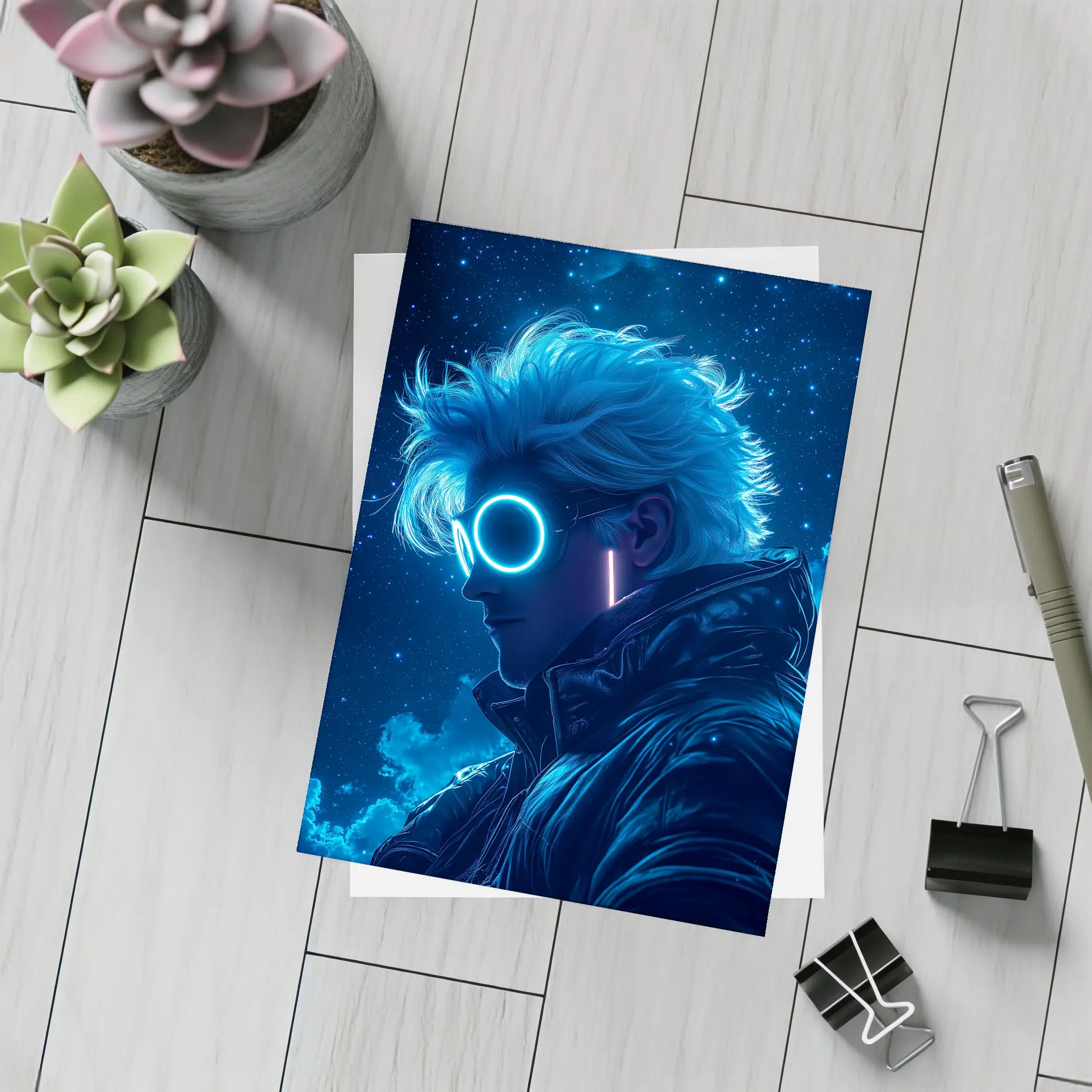 Anime Boy Neon Glasses Blue Starry Night – Postcards