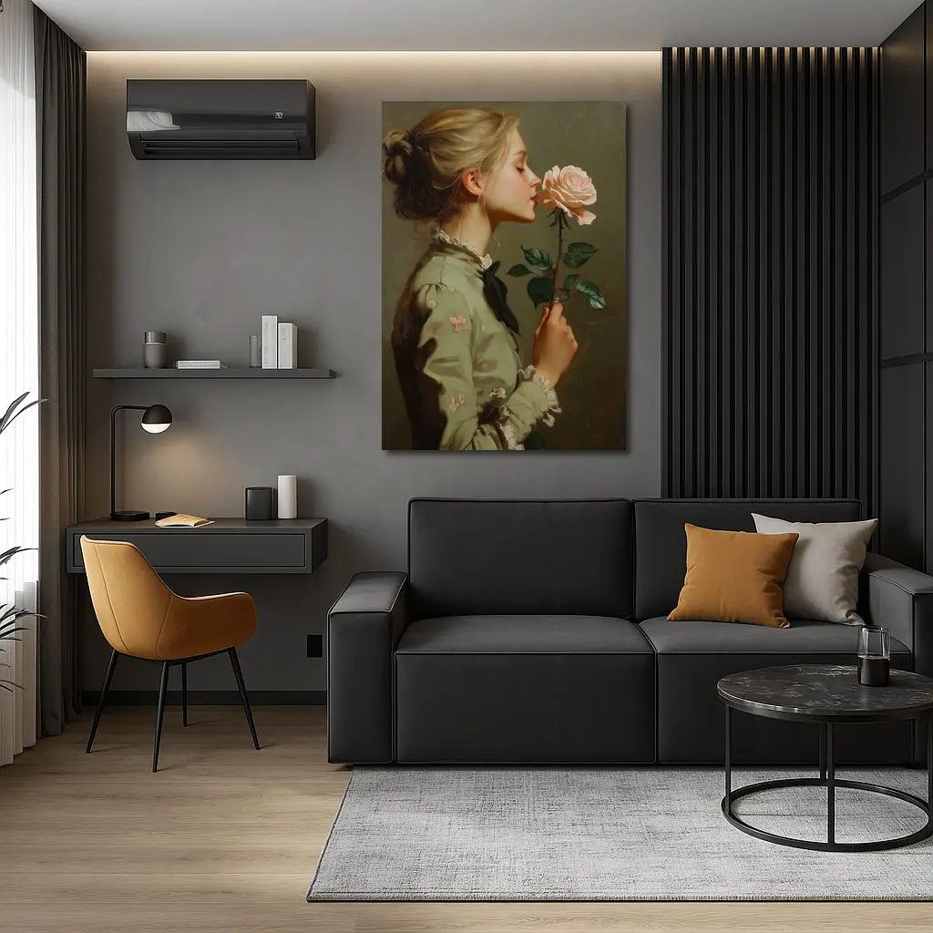 Young Woman Smelling Pink Rose Painting – Wall Art