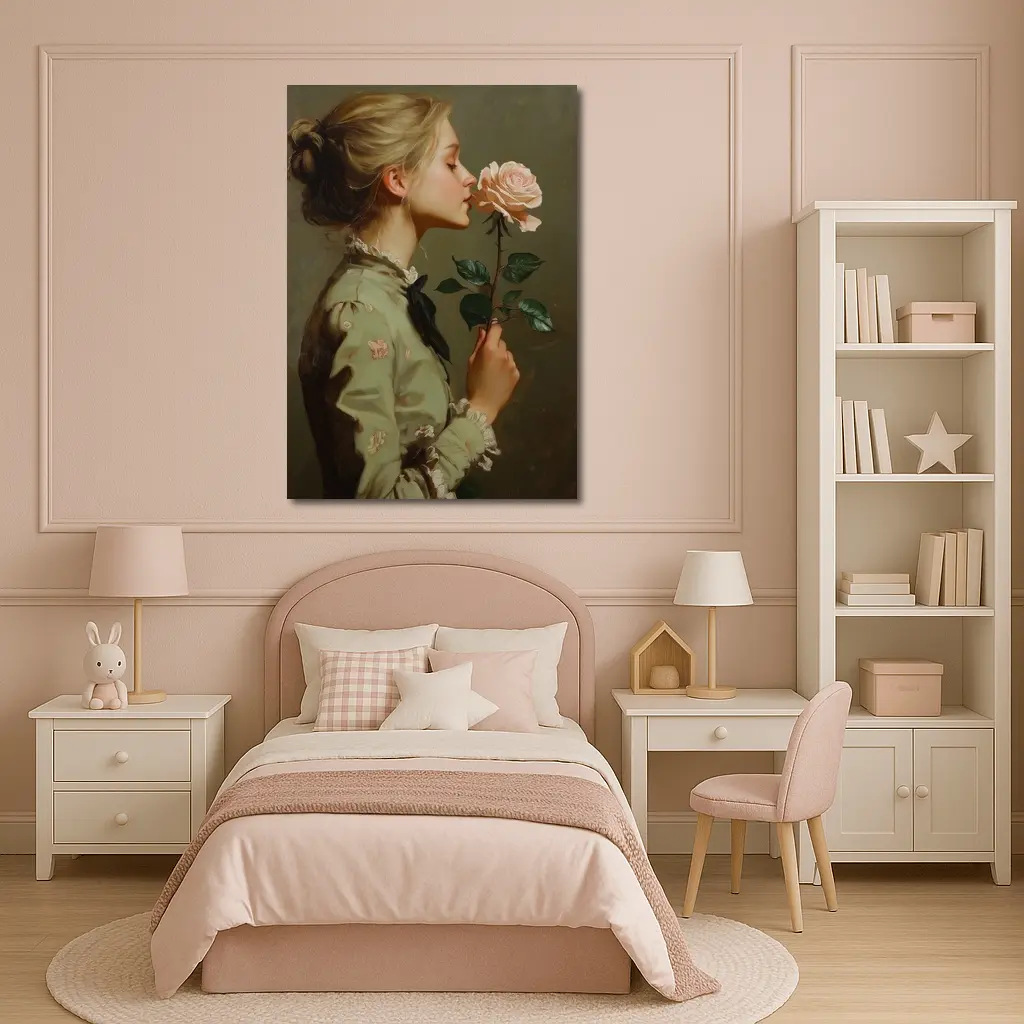 Young Woman Smelling Pink Rose Painting – Wall Art