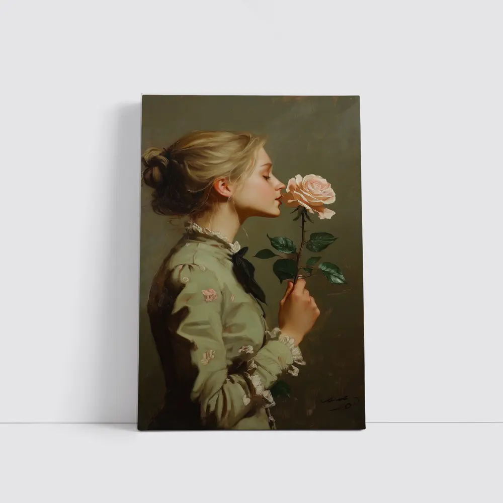 Young Woman Smelling Pink Rose Painting – Wall Art