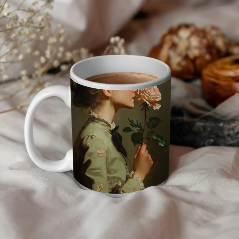 Young Woman Smelling Pink Rose Painting – Mugs