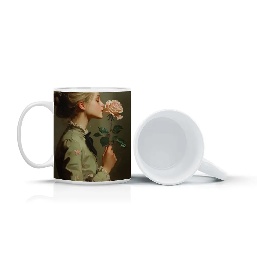 Young Woman Smelling Pink Rose Painting – Mugs