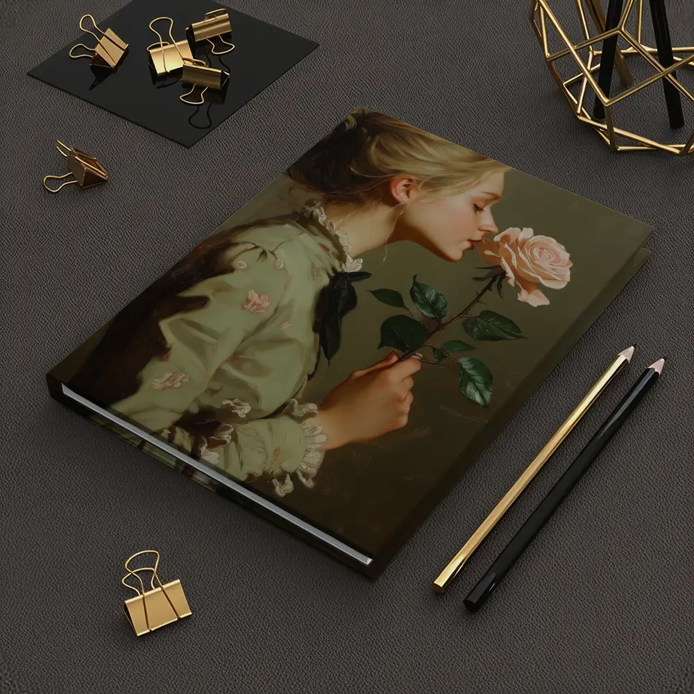 Young Woman Smelling Pink Rose Painting – Notebooks