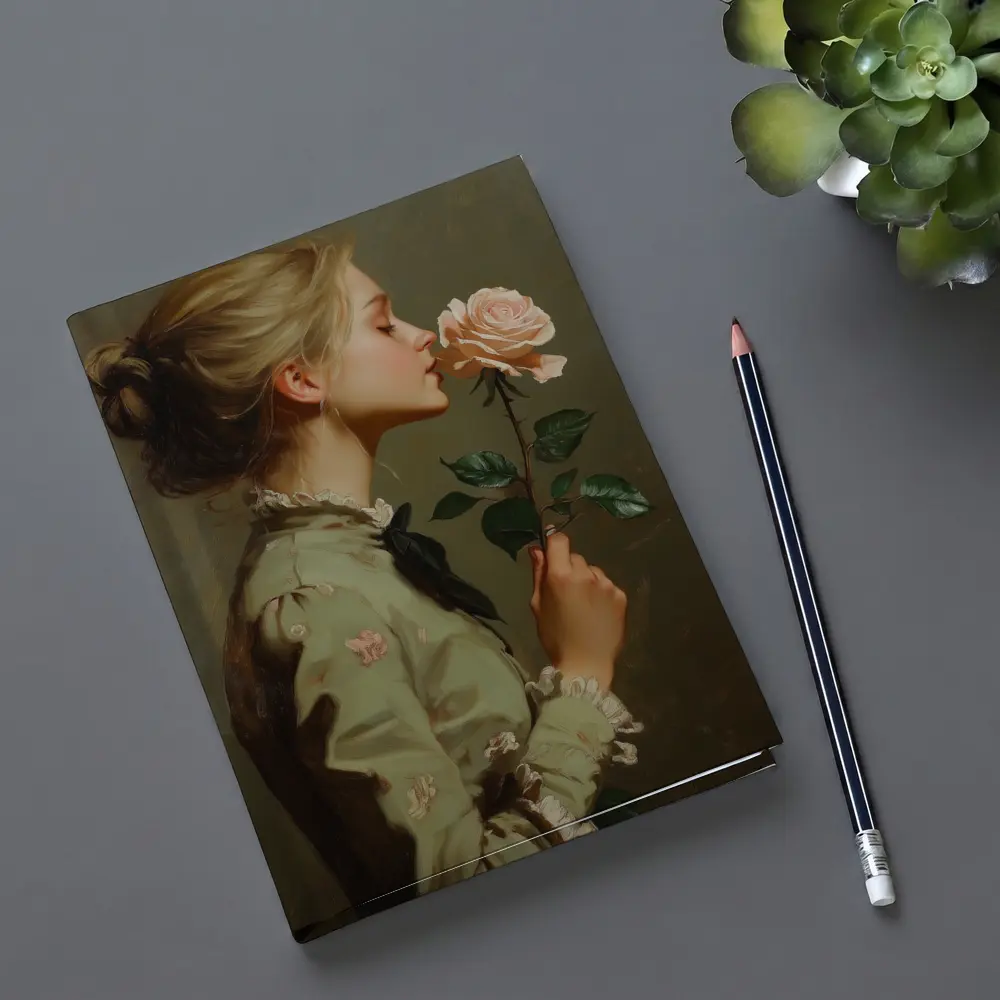 Young Woman Smelling Pink Rose Painting – Notebooks