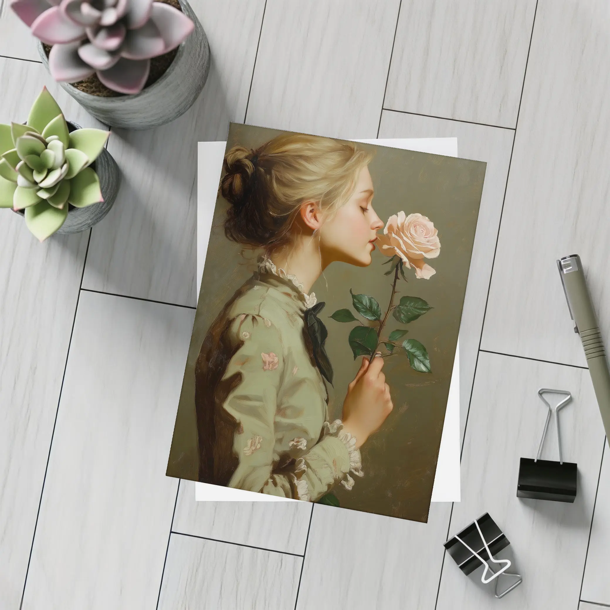 Young Woman Smelling Pink Rose Painting – Postcards