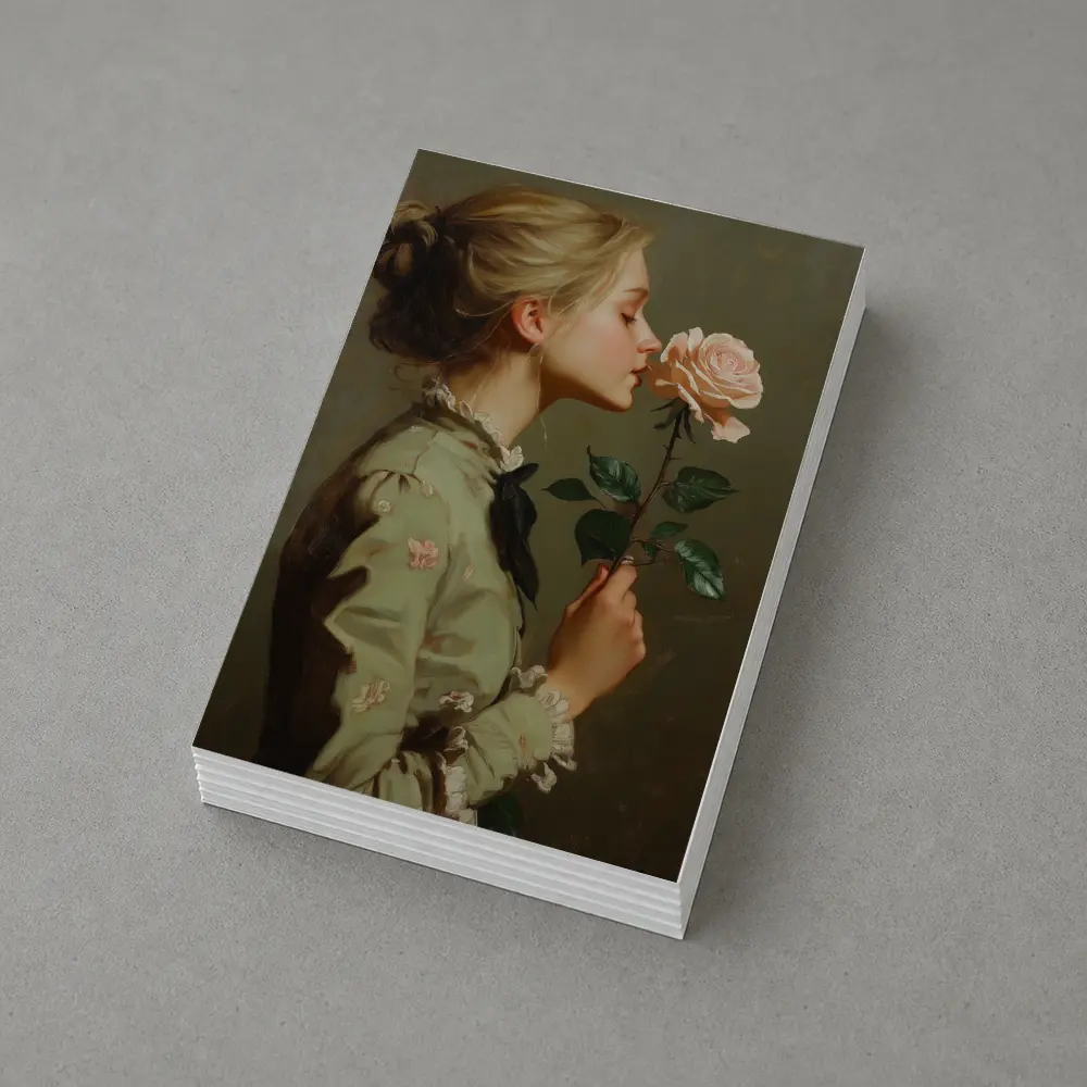 Young Woman Smelling Pink Rose Painting – Postcards