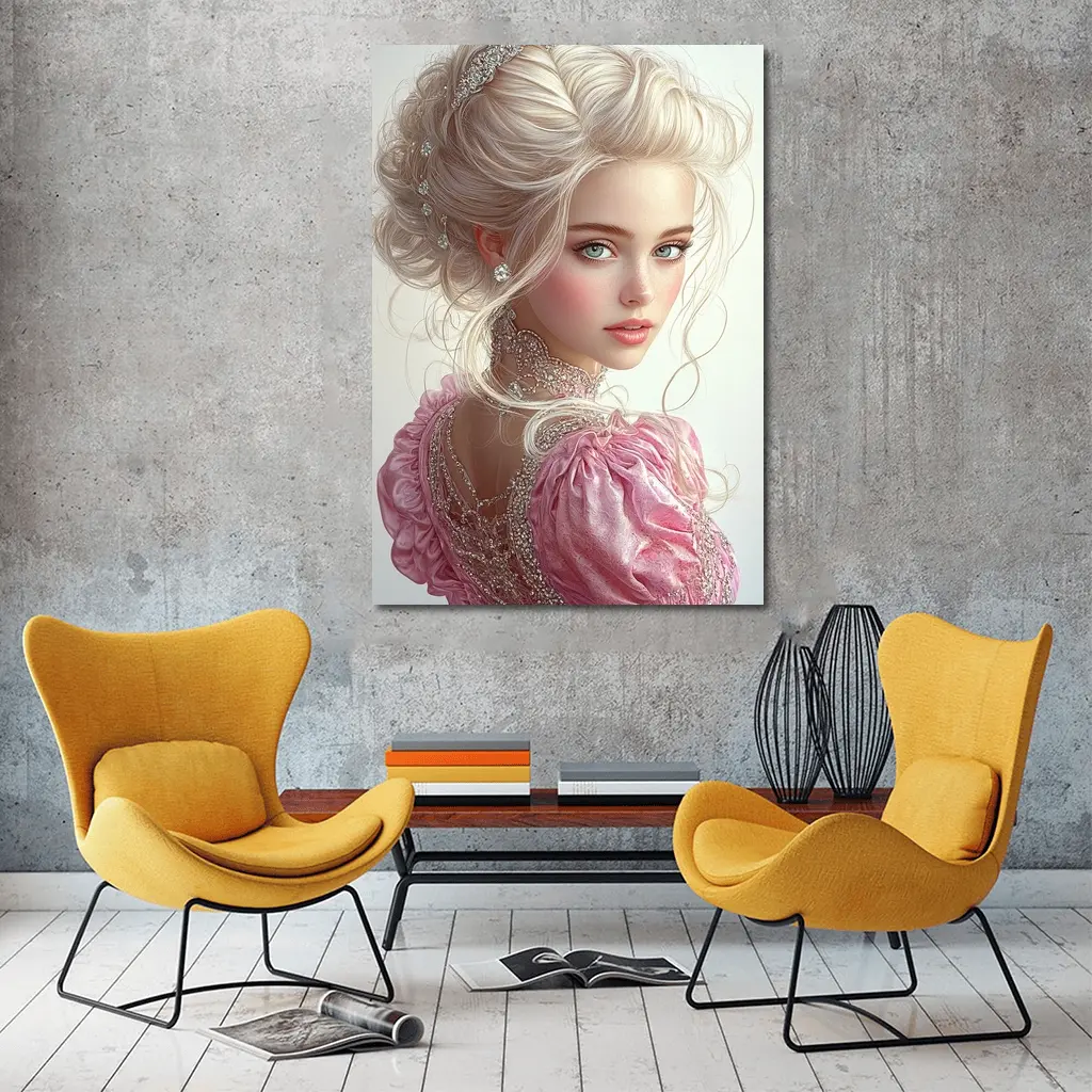 Elegant Fantasy Girl Pink Dress Portrait – Wall Art