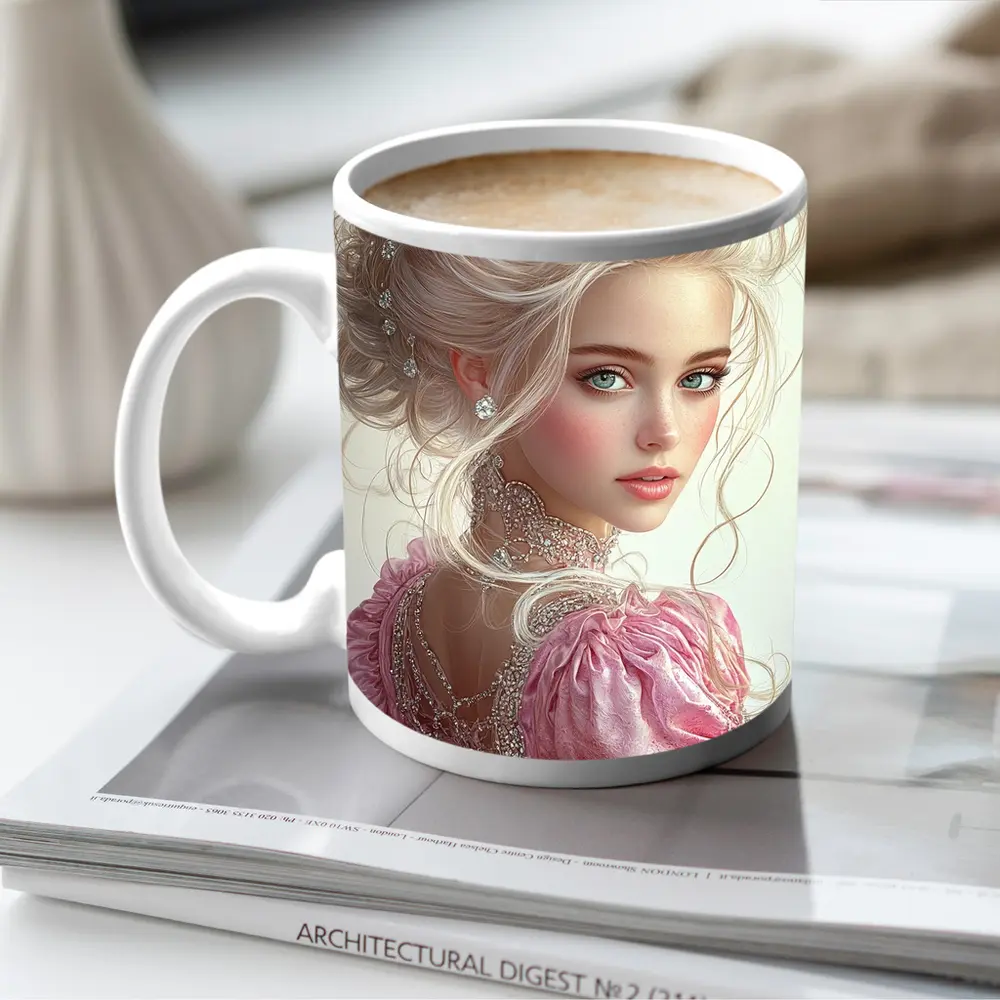 Elegant Fantasy Girl Pink Dress Portrait – Mugs