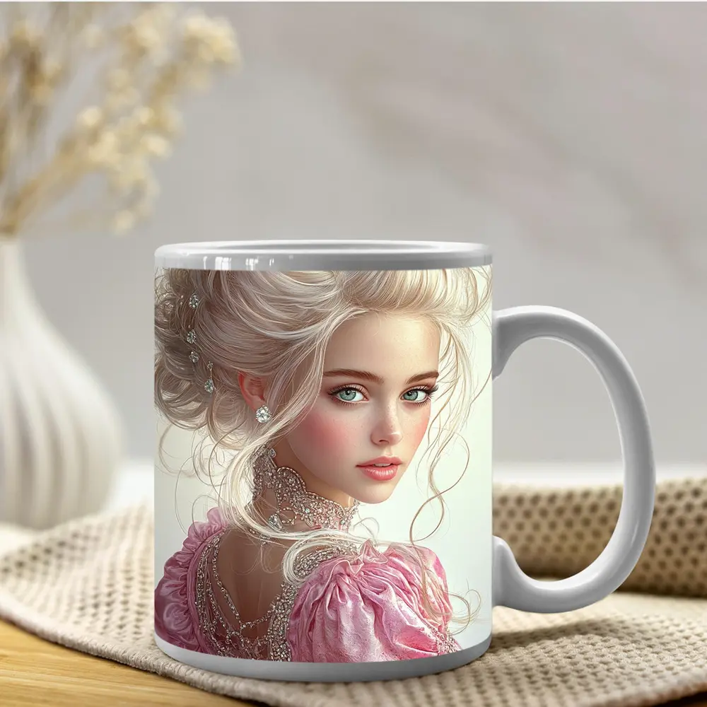 Elegant Fantasy Girl Pink Dress Portrait – Mugs