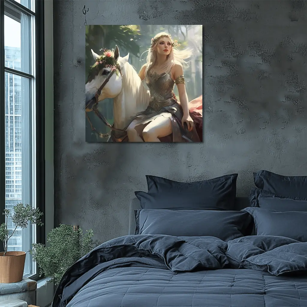 Elven Woman Riding White Horse Forest – Wall Art