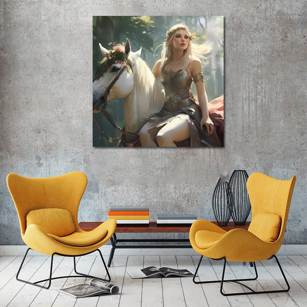 Elven Woman Riding White Horse Forest – Wall Art