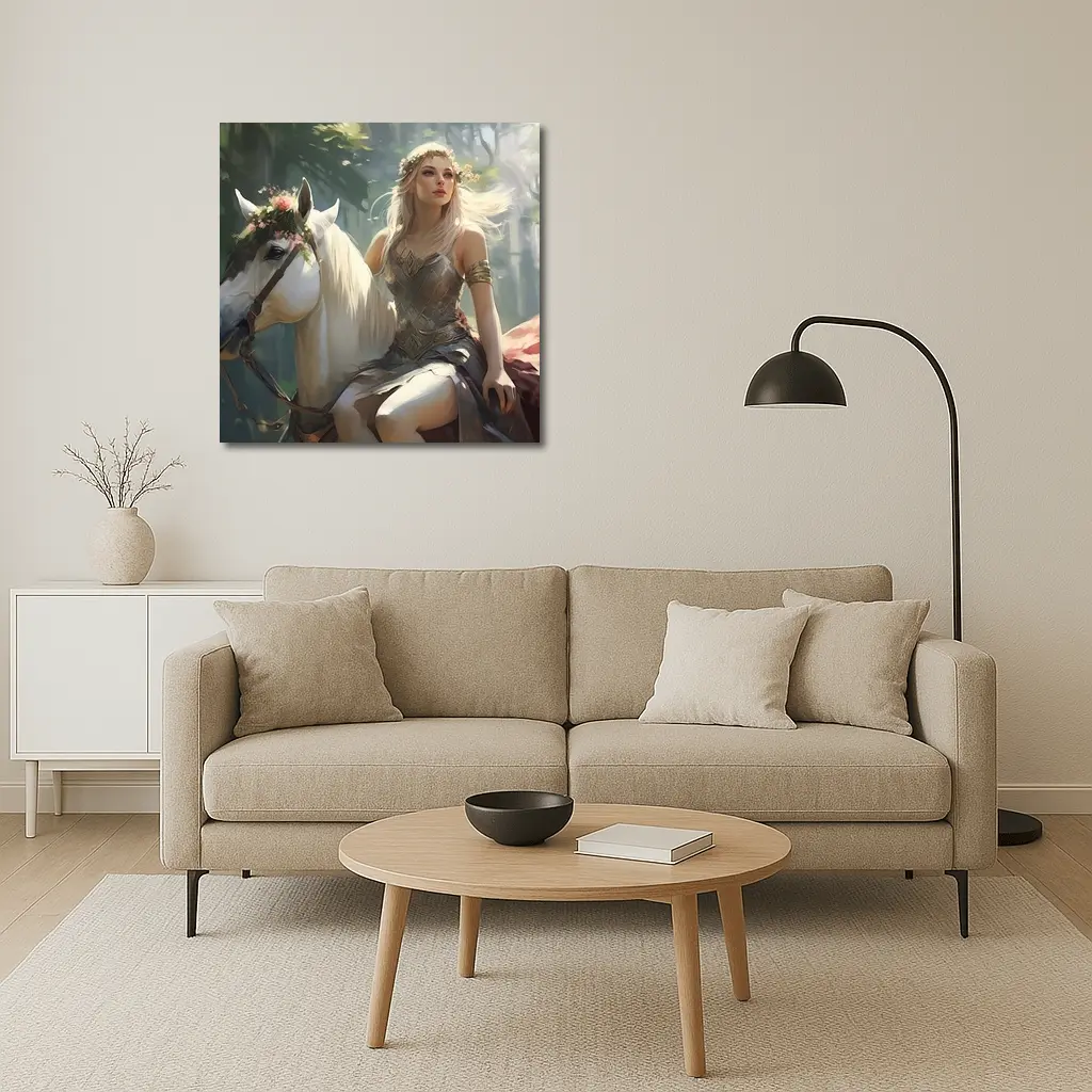 Elven Woman Riding White Horse Forest – Wall Art
