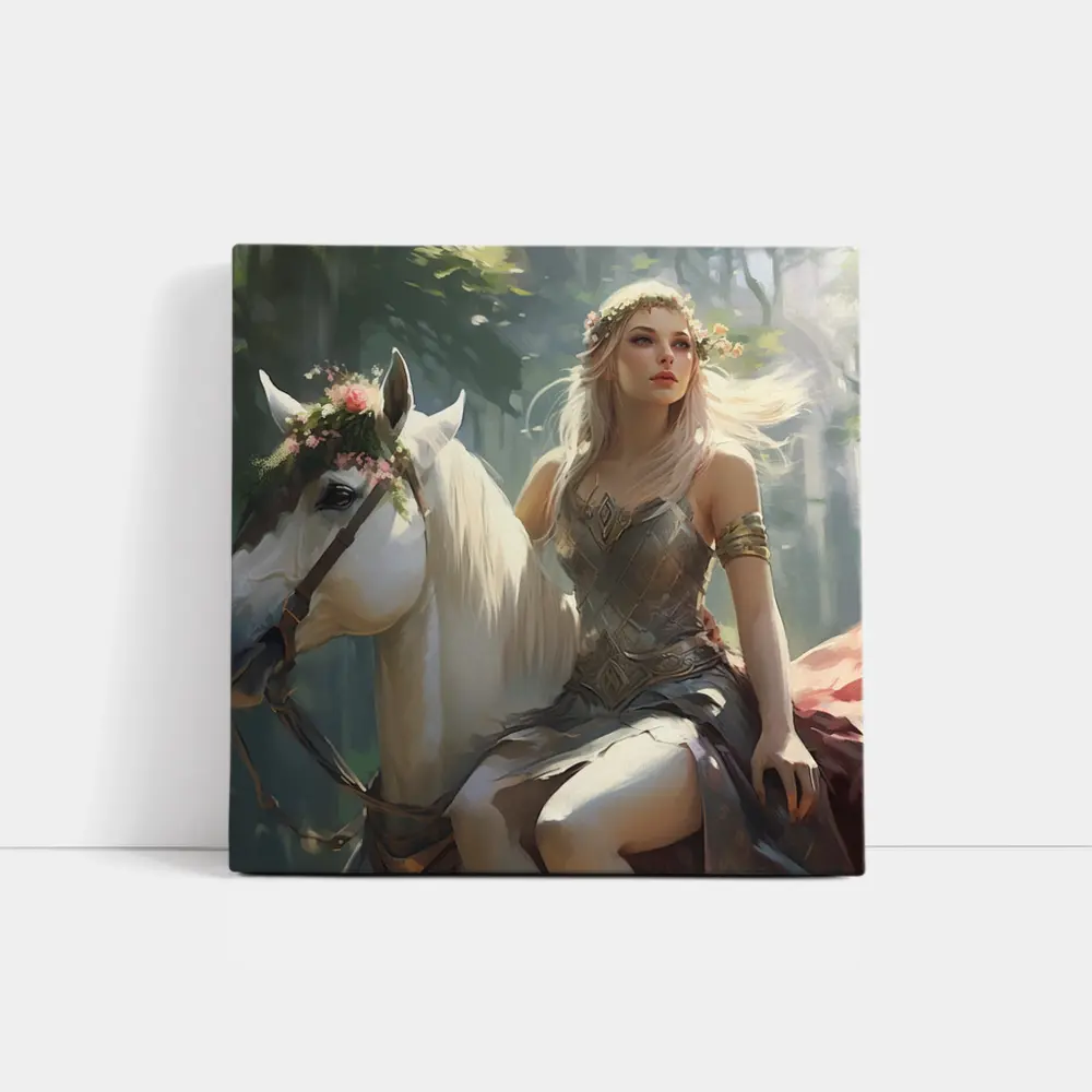 Elven Woman Riding White Horse Forest – Wall Art