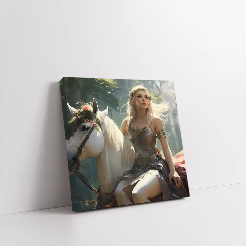 Elven Woman Riding White Horse Forest – Wall Art