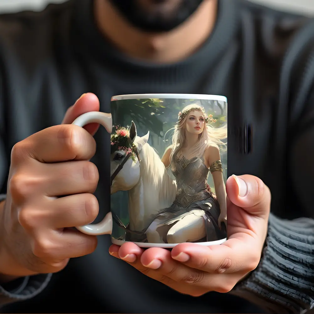 Elven Woman Riding White Horse Forest – Mugs
