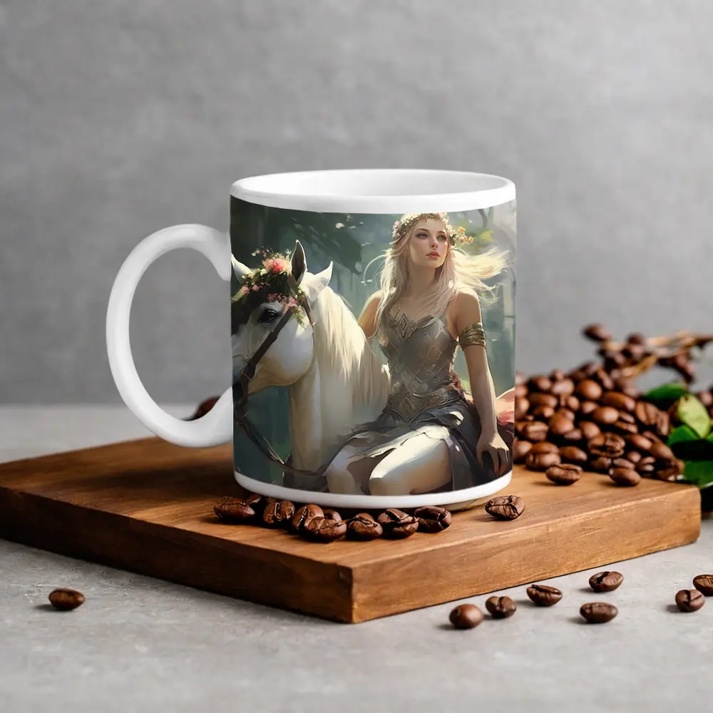 Elven Woman Riding White Horse Forest – Mugs