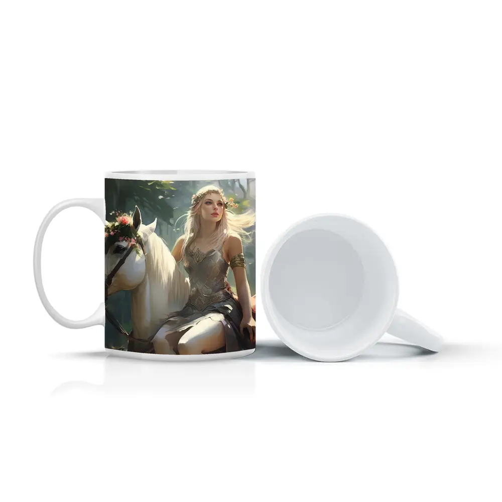 Elven Woman Riding White Horse Forest – Mugs