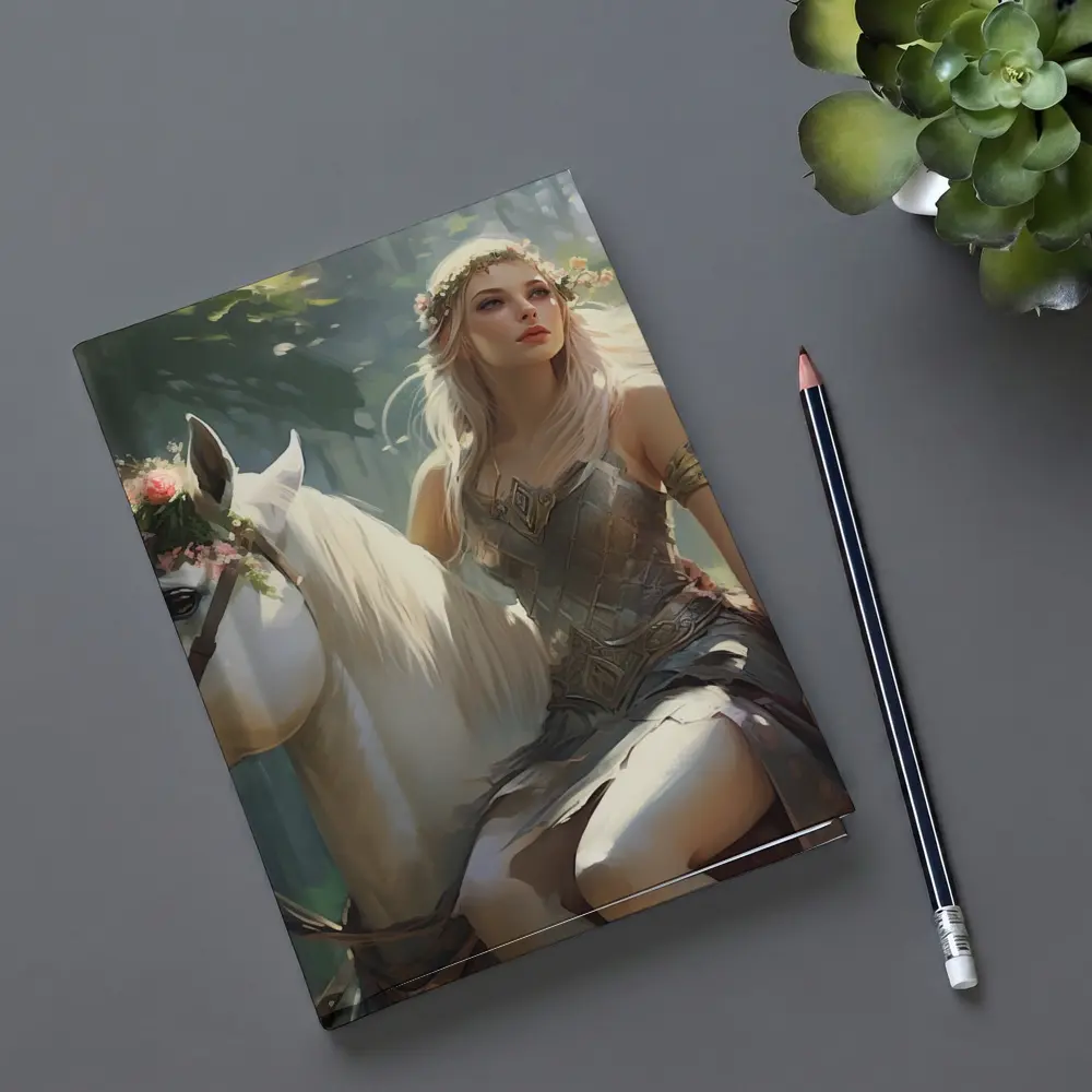 Elven Woman Riding White Horse Forest – Notebooks
