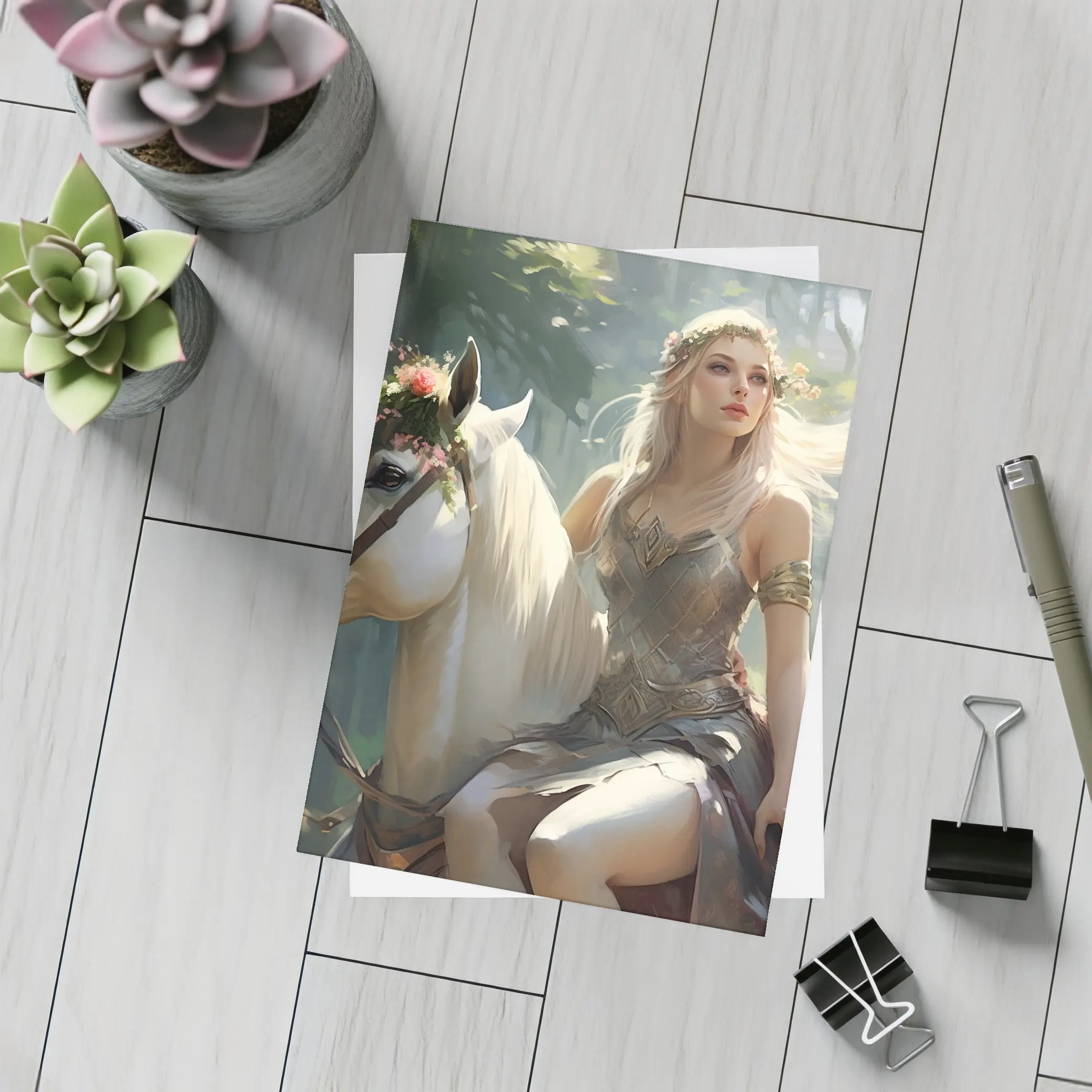Elven Woman Riding White Horse Forest – Postcards