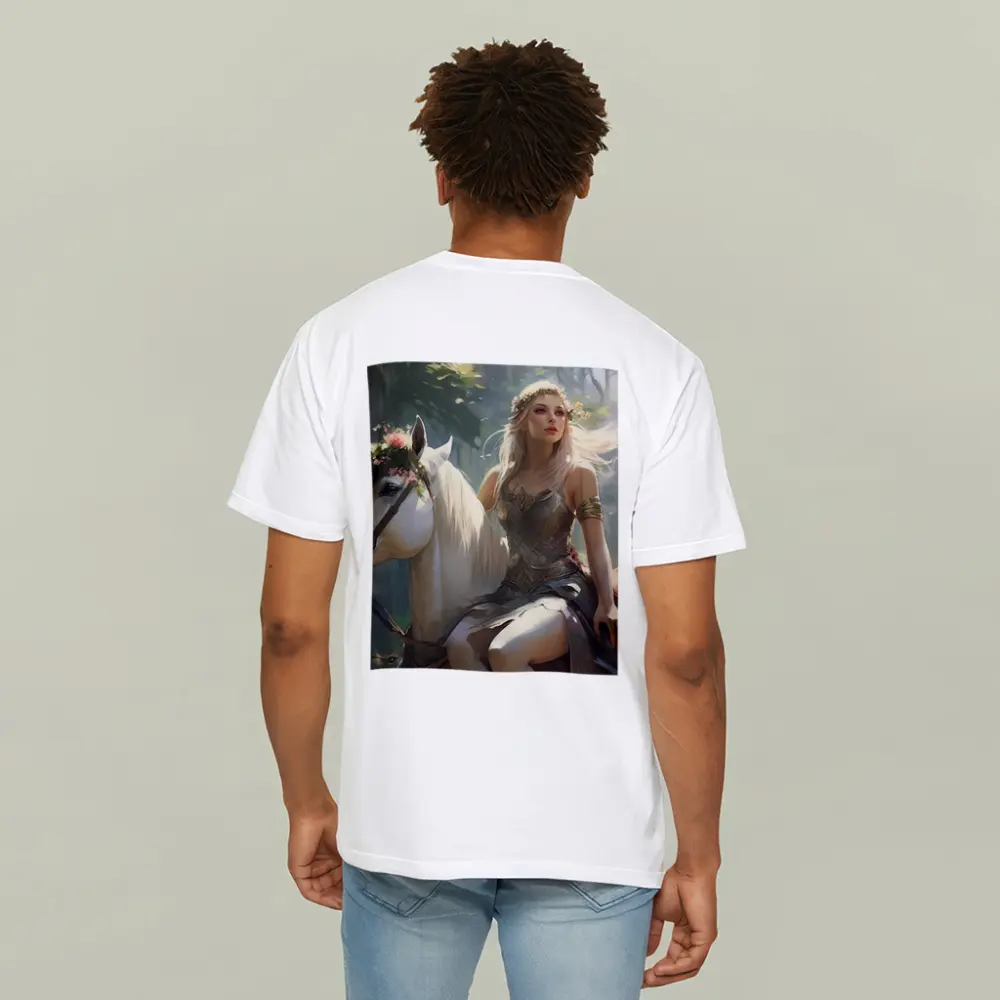 Elven Woman Riding White Horse Forest – T-Shirts