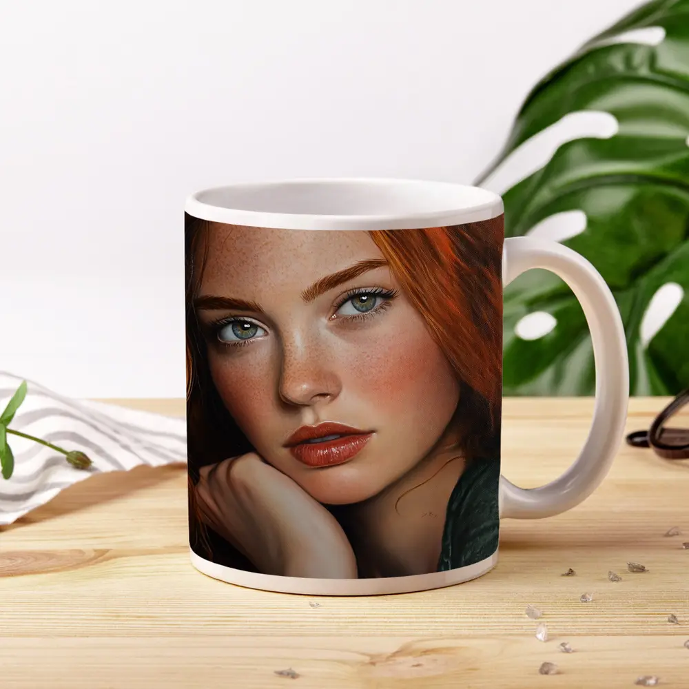 Red Hair Green Eyes Portrait Painting Art – Mugs