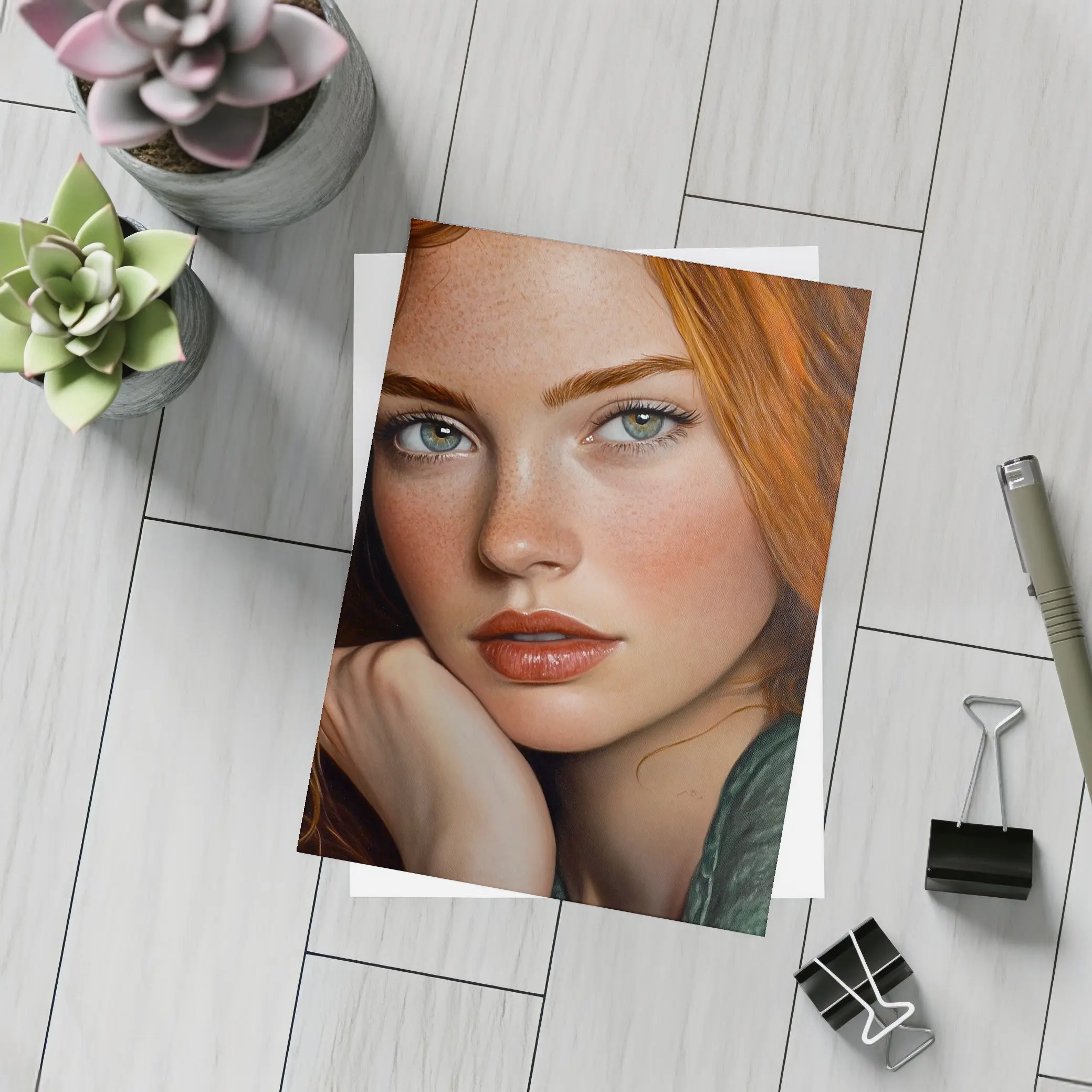 Red Hair Green Eyes Portrait Painting Art – Postcards