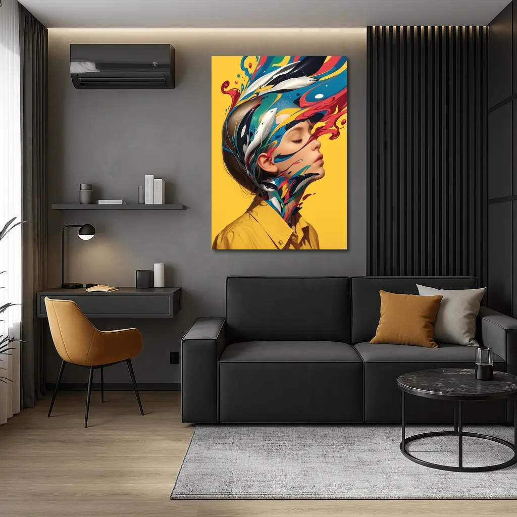 Woman Head Colorful Paint Splash Yellow Background – Wall Art
