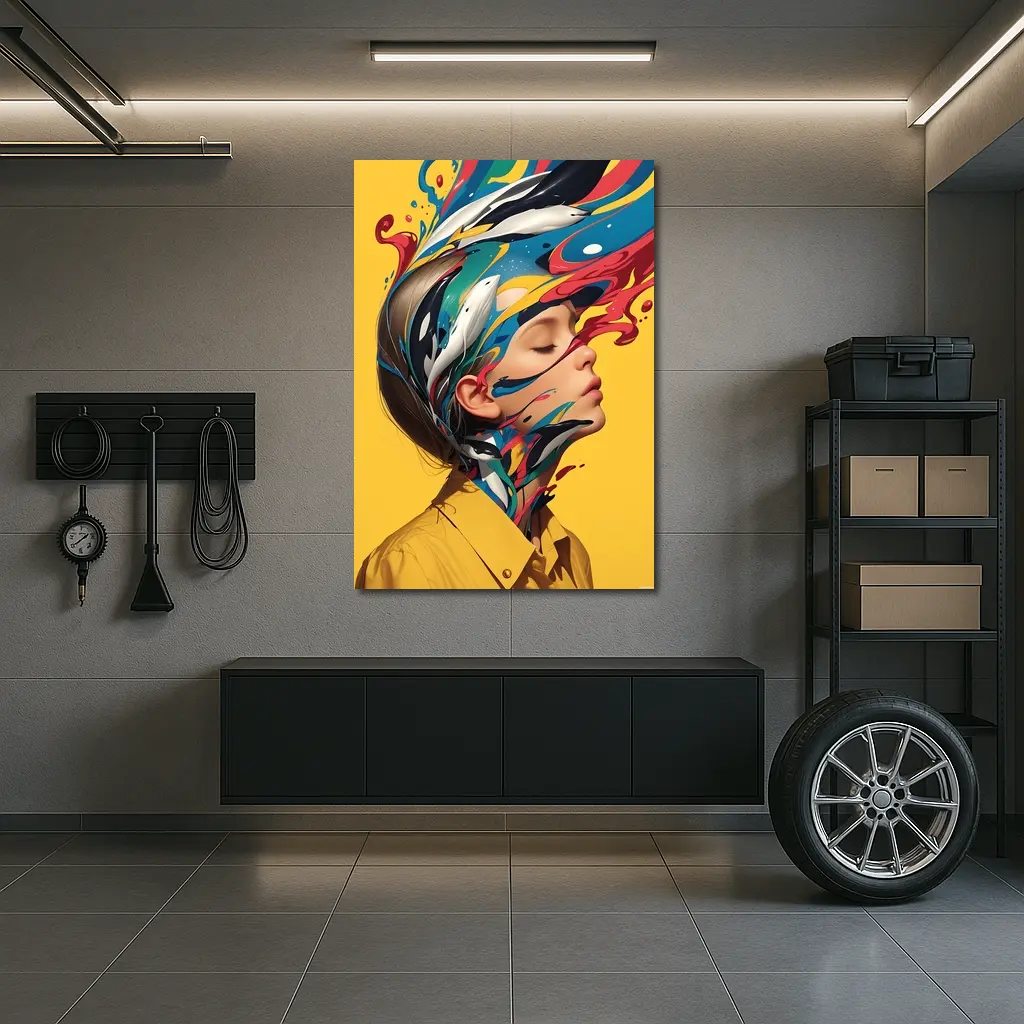 Woman Head Colorful Paint Splash Yellow Background – Wall Art