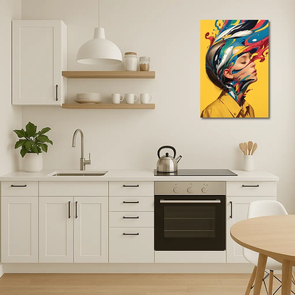 Woman Head Colorful Paint Splash Yellow Background – Wall Art