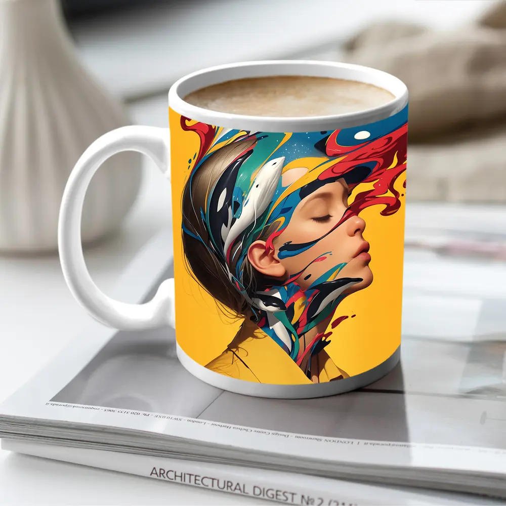 Woman Head Colorful Paint Splash Yellow Background – Mugs