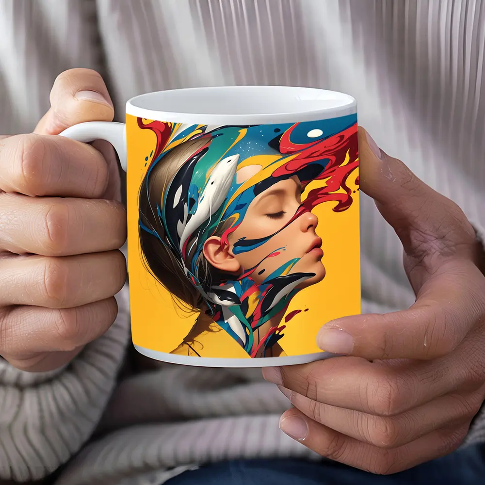 Woman Head Colorful Paint Splash Yellow Background – Mugs