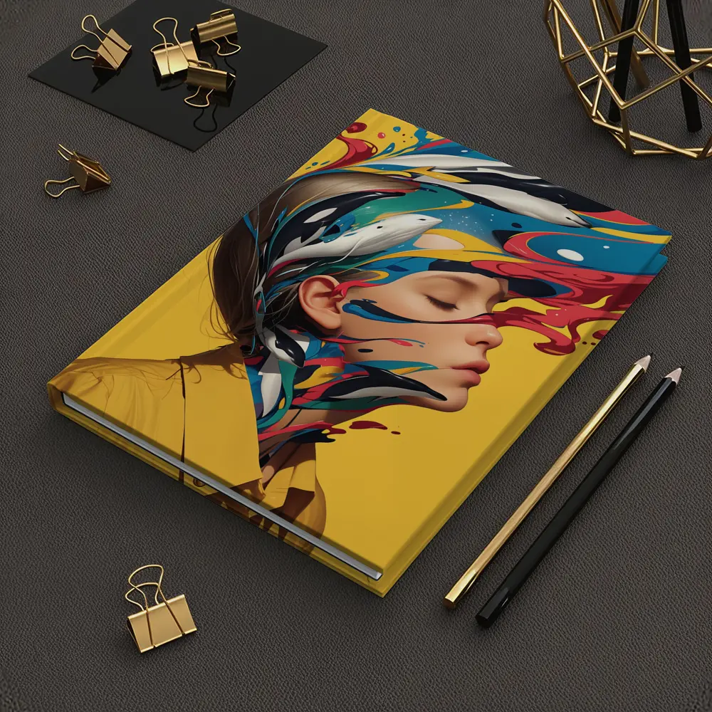 Woman Head Colorful Paint Splash Yellow Background – Notebooks