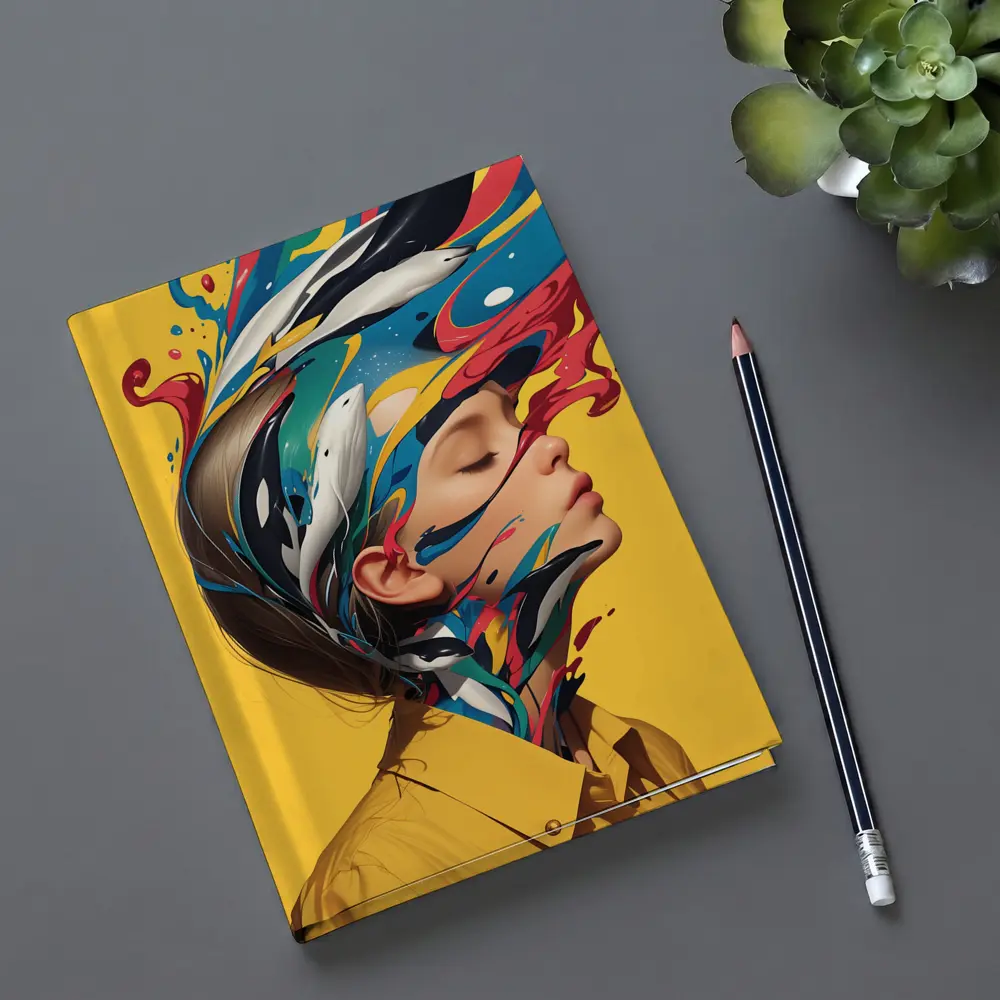 Woman Head Colorful Paint Splash Yellow Background – Notebooks