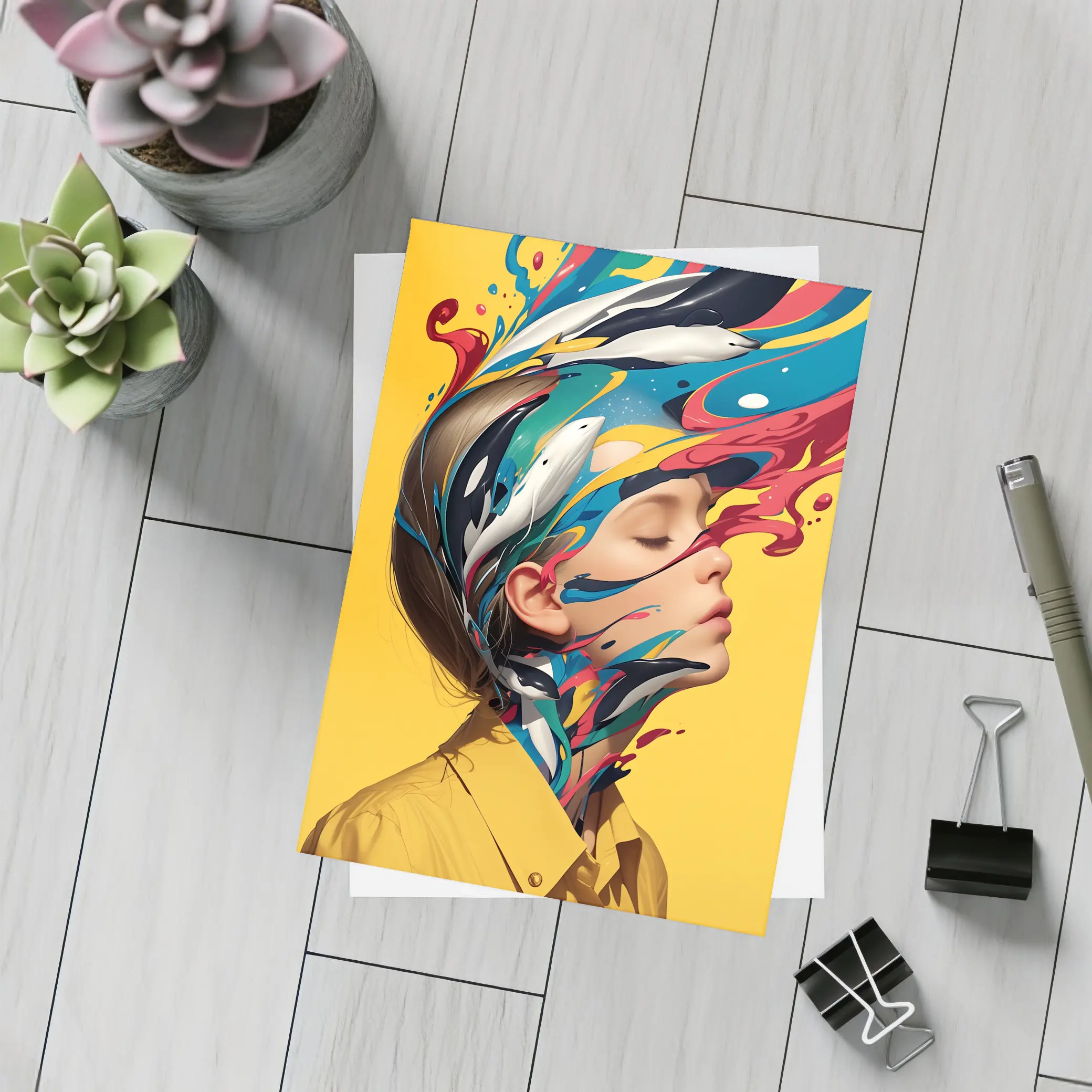 Woman Head Colorful Paint Splash Yellow Background – Postcards