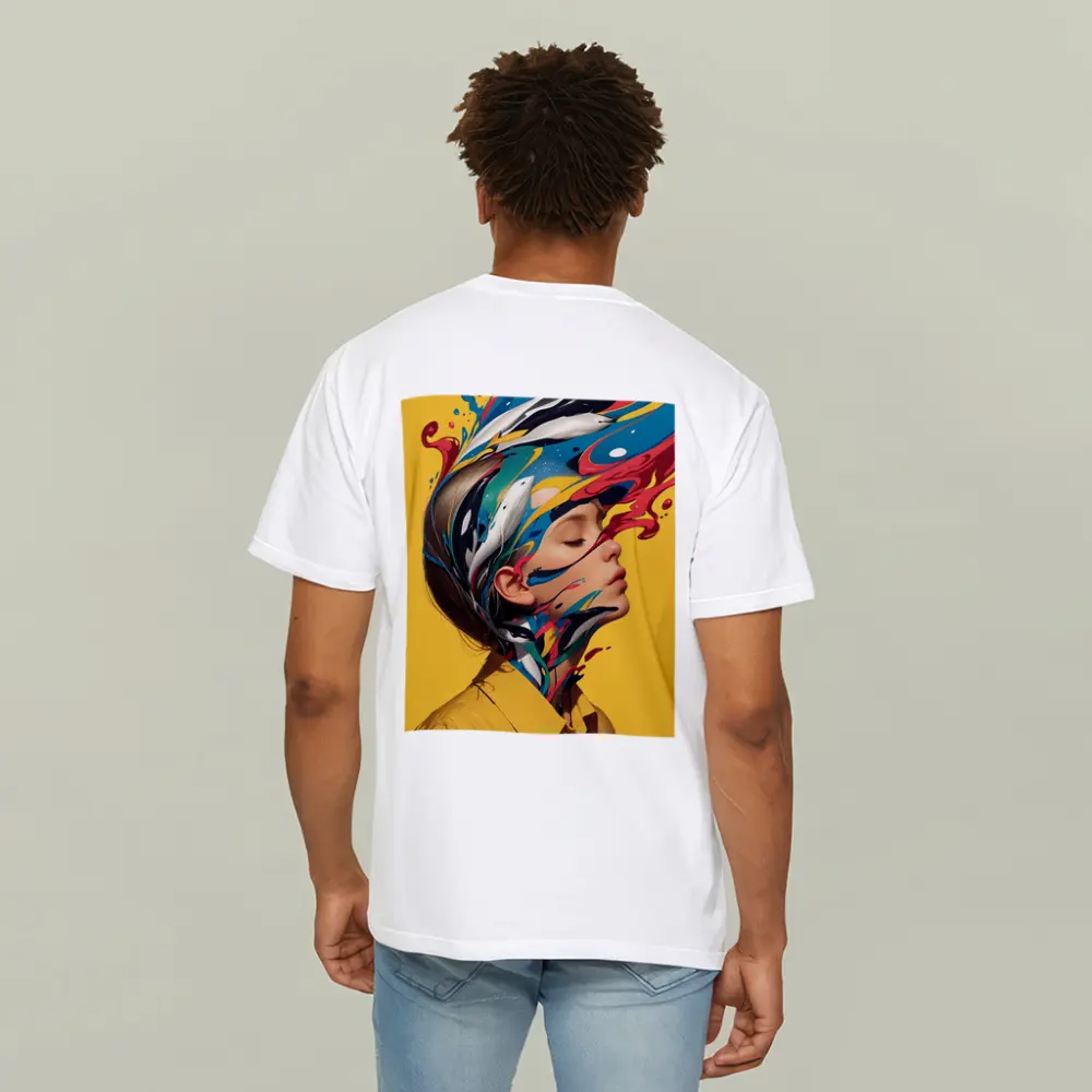 Woman Head Colorful Paint Splash Yellow Background – T-Shirts