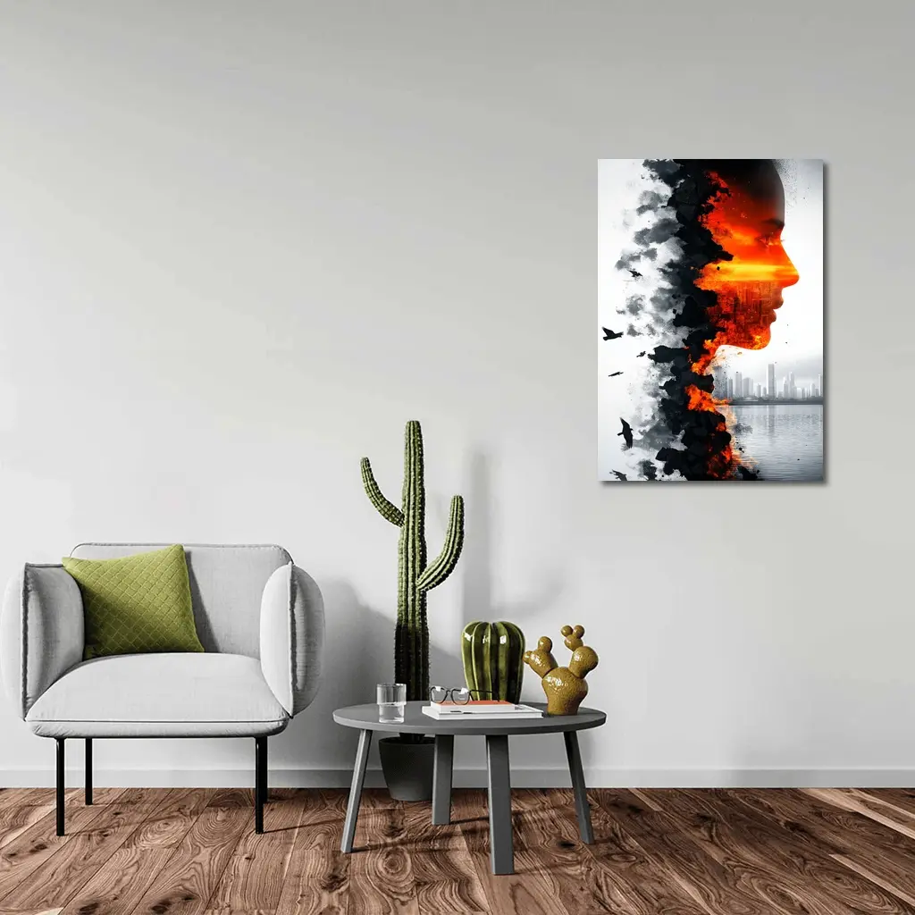 Woman Face Double Exposure Burning City – Wall Art