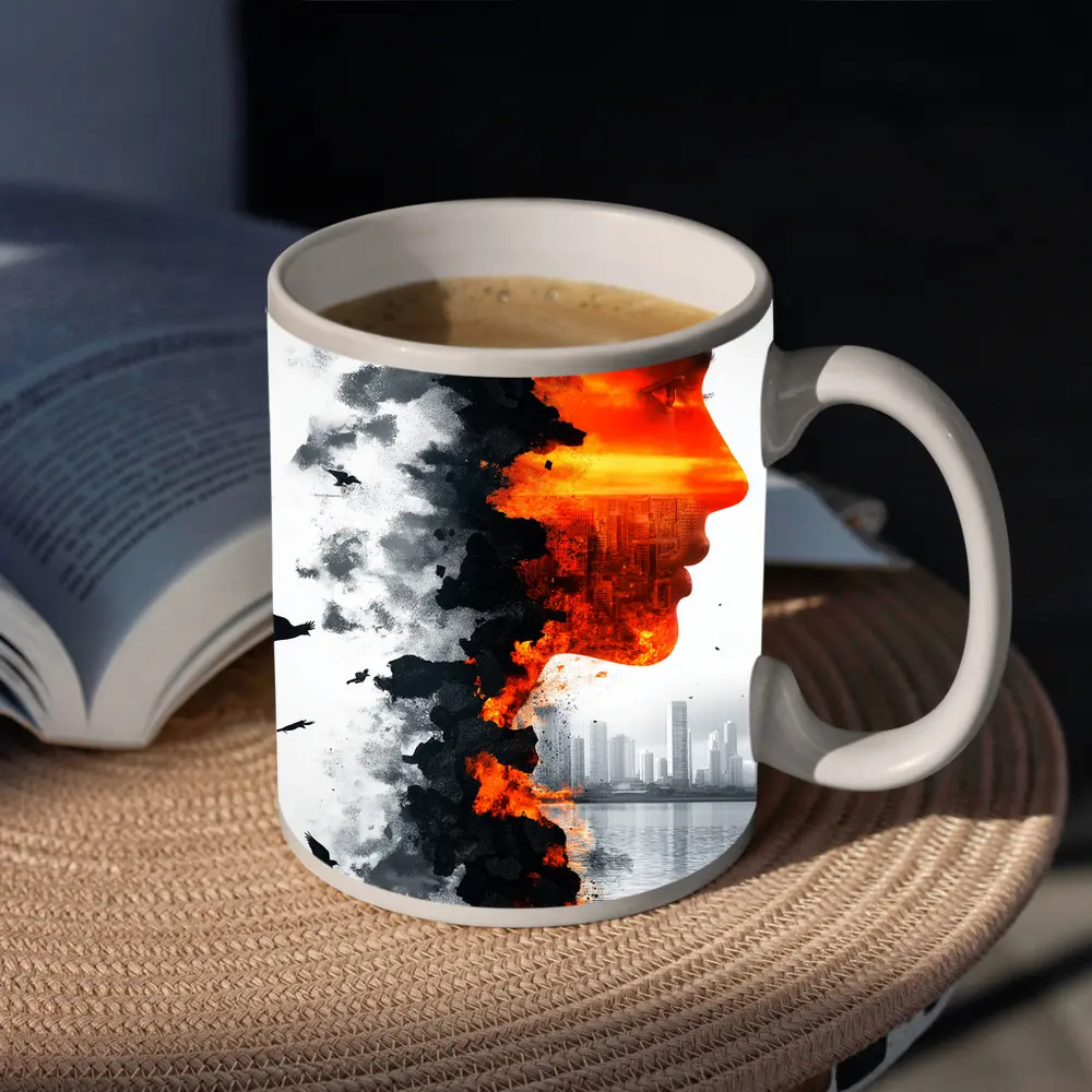 Woman Face Double Exposure Burning City – Mugs