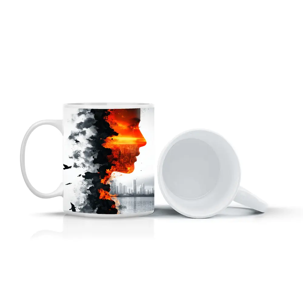 Woman Face Double Exposure Burning City – Mugs